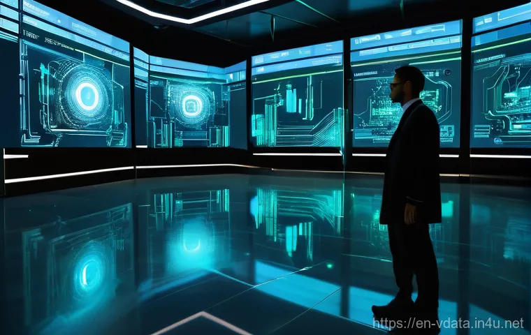 R 프로그래밍으로 빅데이터 분석하기 - A sleek, futuristic data processing facility where giant, glowing conduits channel massive streams o...